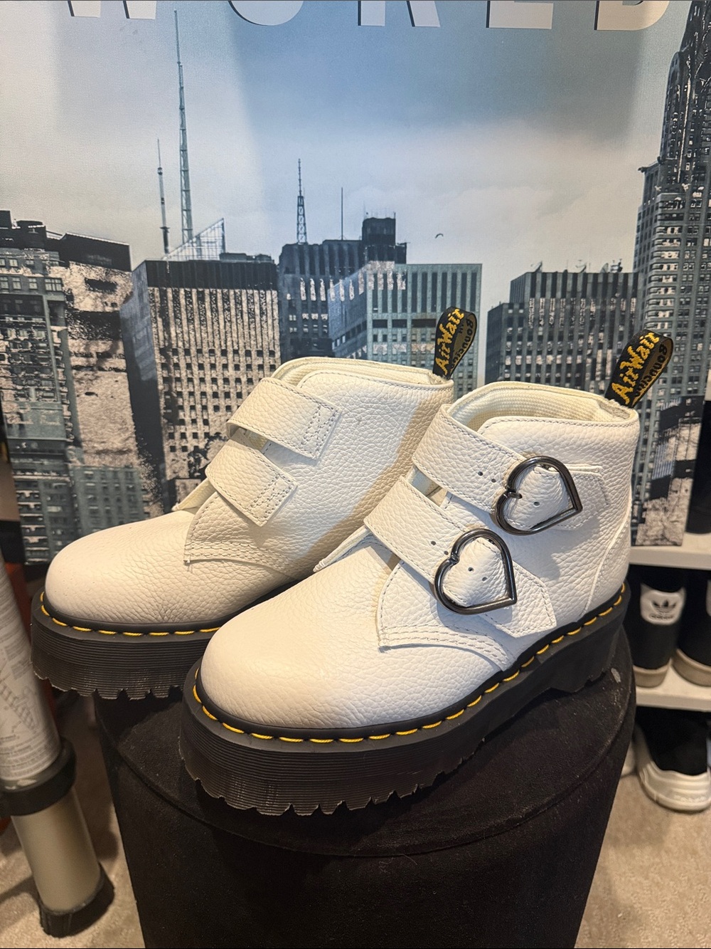 New! Dr. Martens AirWair mini boots. White leather. Heart buckles US 8